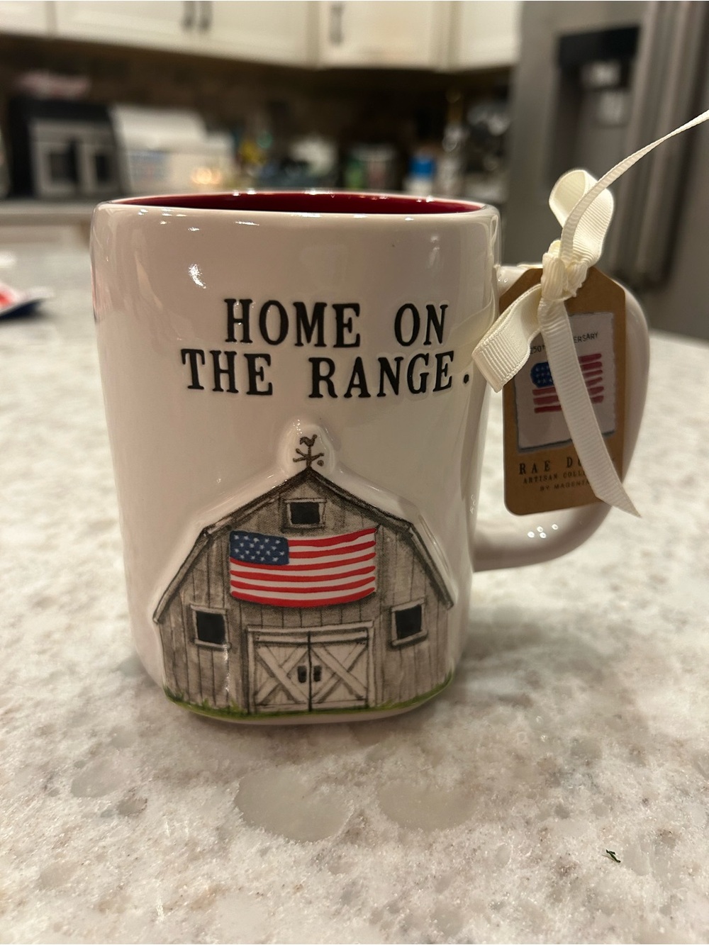 “New” Rae Dunn White Mug with Red Interior and American Barn Design